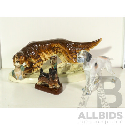 Three Porcelain Dogs Including a Pointer, Terrier and Irish Setter with Duck in Mouth