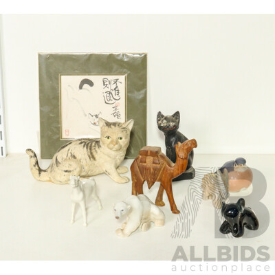 Collection of Ceramic and Wooden Animal Figurines and Cat Picture