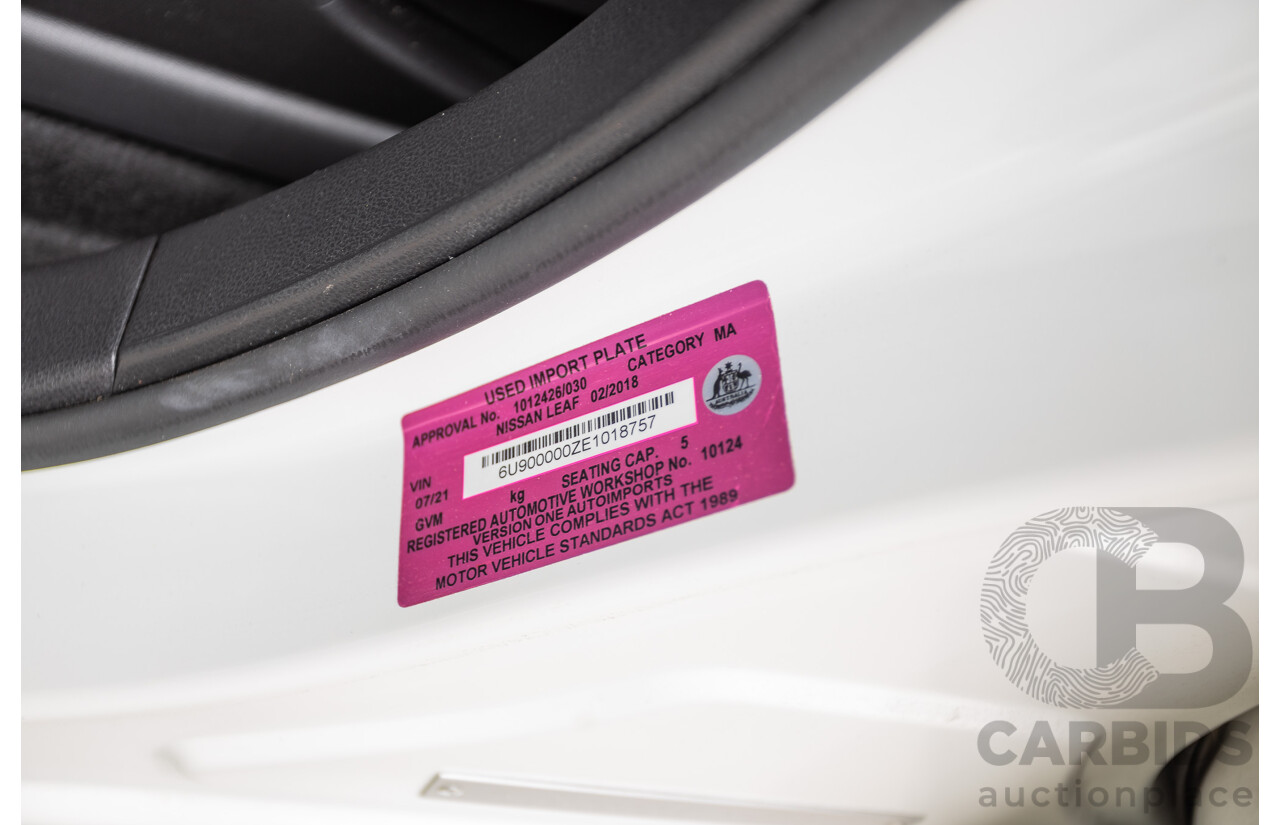 02/2018 Nissan Leaf ZE1 5d Hatchback Ivory Pearl /Dark Blue Pearl Dedicated Electric EV AC110kW - 07/21 Import