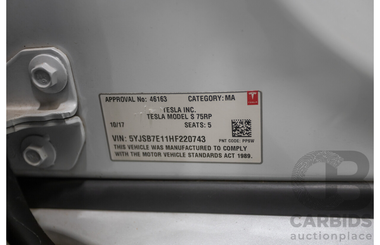 10/2017 Tesla Model S 75 MY17 4D Hatchback Pearl White - Dedicated Electric EV 235kw