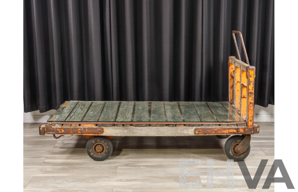 Vintage Cast Iron Railway Luggage Trolley with Original Timber Top