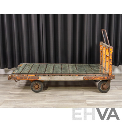 Vintage Cast Iron Railway Luggage Trolley with Original Timber Top