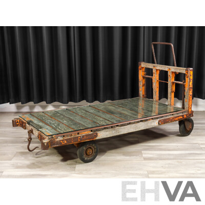 Vintage Cast Iron Railway Luggage Trolley with Original Timber Top