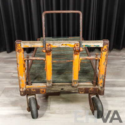 Vintage Cast Iron Railway Luggage Trolley with Original Timber Top