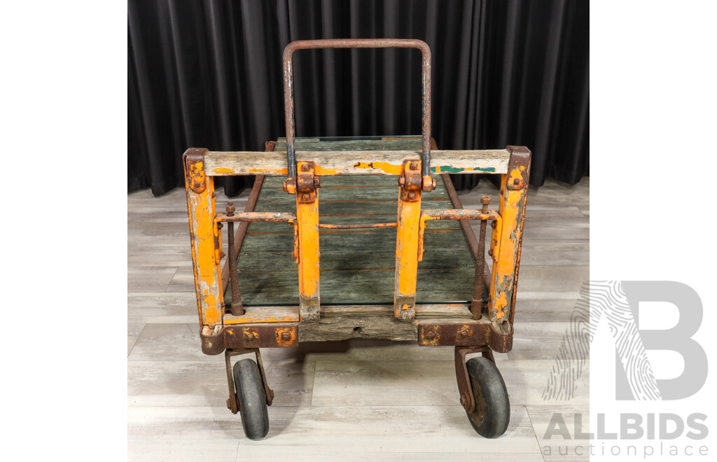 Vintage Cast Iron Railway Luggage Trolley with Original Timber Top