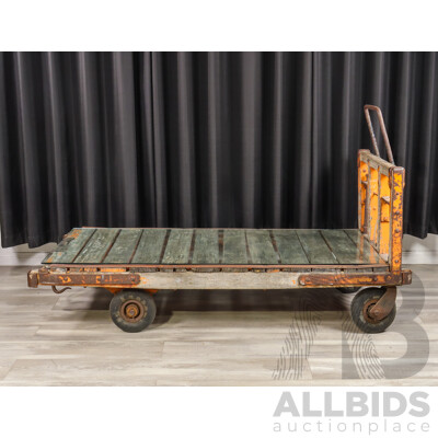 Vintage Cast Iron Railway Luggage Trolley with Original Timber Top
