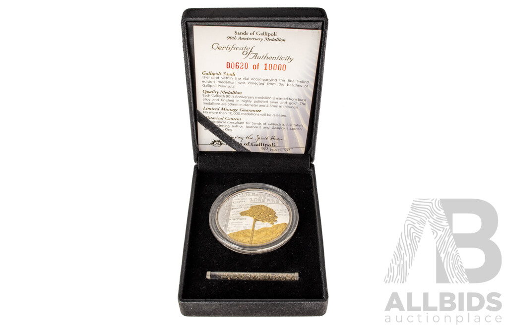 Sands of Gallipoli 90th Anniversary 1915-2005 Medallion Set Finished in Silver and Gold, Leaving Australia Battle of Lone Pine, Gallipoli Landing, Training in Egypt, Battle of the Nek, Retreating with Honour