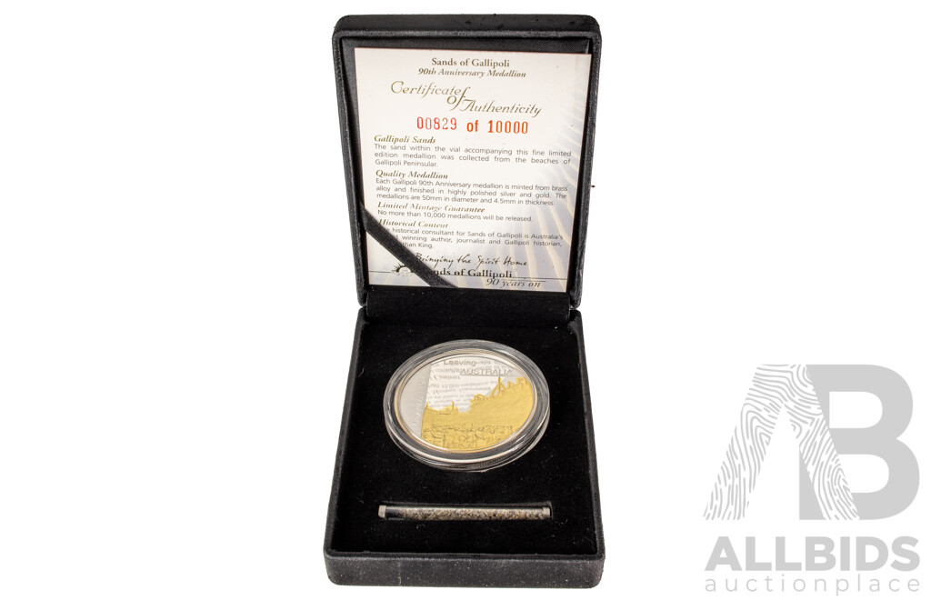 Sands of Gallipoli 90th Anniversary 1915-2005 Medallion Set Finished in Silver and Gold, Leaving Australia Battle of Lone Pine, Gallipoli Landing, Training in Egypt, Battle of the Nek, Retreating with Honour