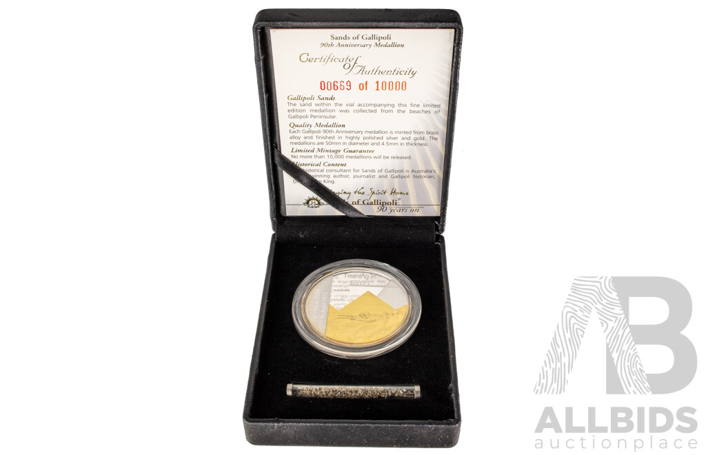 Sands of Gallipoli 90th Anniversary 1915-2005 Medallion Set Finished in Silver and Gold, Leaving Australia Battle of Lone Pine, Gallipoli Landing, Training in Egypt, Battle of the Nek, Retreating with Honour
