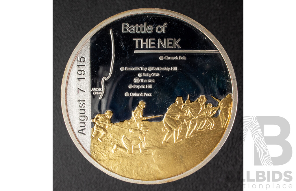 Sands of Gallipoli 90th Anniversary 1915-2005 Medallion Set Finished in Silver and Gold, Leaving Australia Battle of Lone Pine, Gallipoli Landing, Training in Egypt, Battle of the Nek, Retreating with Honour