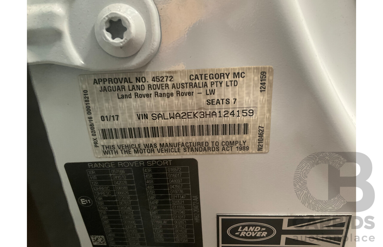 01/2017 Land Rover Range Rover Sport 3.0 TDV6 SE (AWD) LW MY17 4d Wagon Fuji White Turbo Diesel V6 3.0L