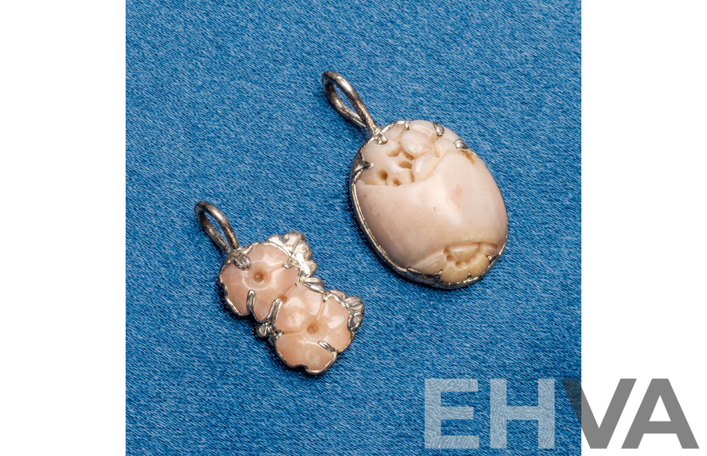 Pair of 925 Sterling Silver and Hand Carved Coral Pendants