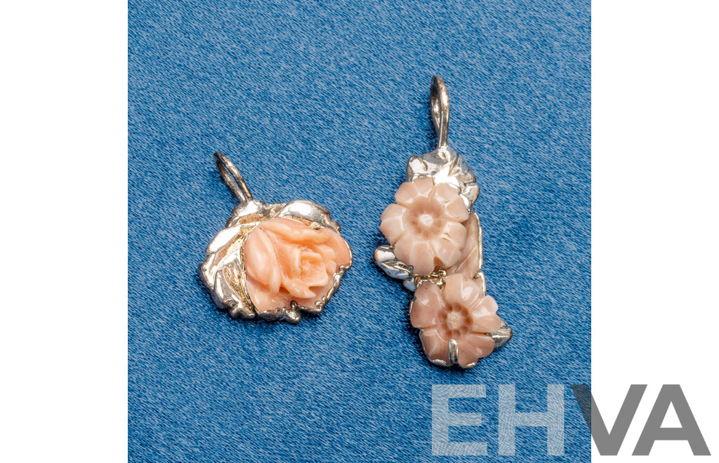 Pair of 925 Sterling Silver and Hand Carved Coral Pendants