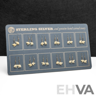 925 Sterling Silver & Hand Carved Ivory Earrings - Lot of 12 Pairs