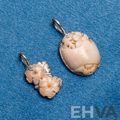 Pair of 925 Sterling Silver and Hand Carved Coral Pendants