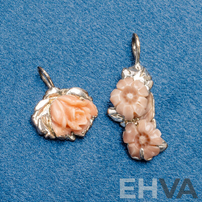 Pair of 925 Sterling Silver and Hand Carved Coral Pendants