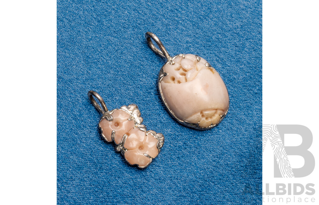 Pair of 925 Sterling Silver and Hand Carved Coral Pendants