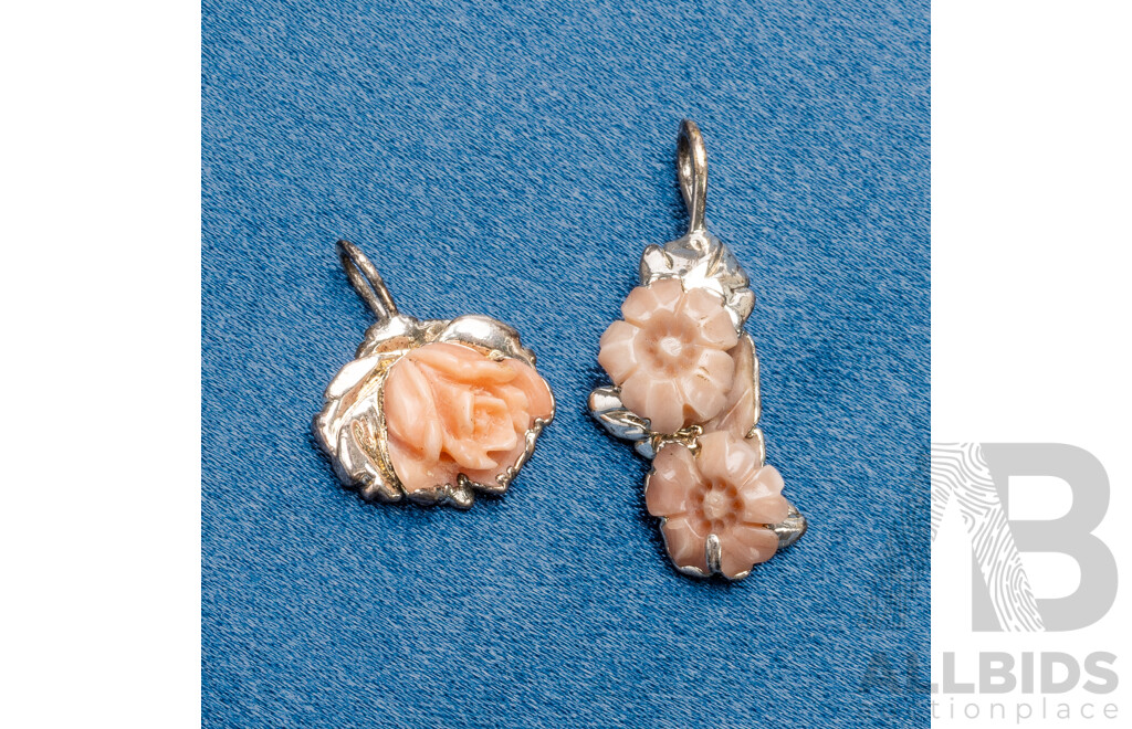 Pair of 925 Sterling Silver and Hand Carved Coral Pendants