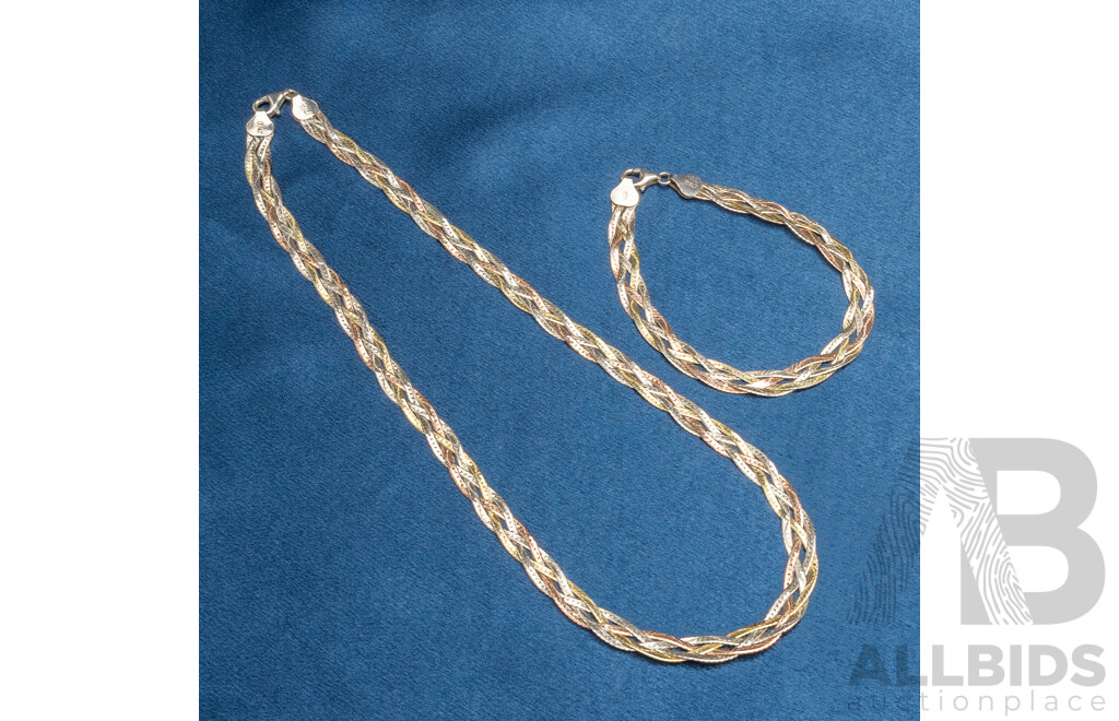 925 Sterling Silver Tri-Colour Braided Herringbone Necklace and Bracelet Set - Lot of 2. 15.92gms