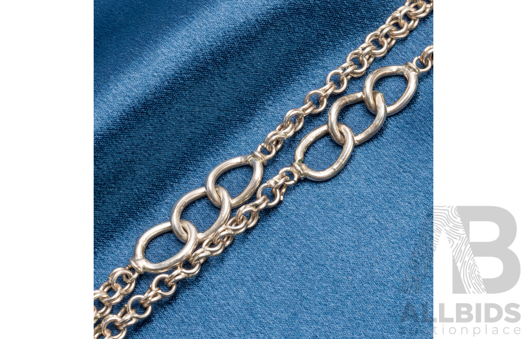 925 Sterling Silver 'Garibaldi' Style Chain with Thick Oval Accents. 89cms in Length - 50.89gms