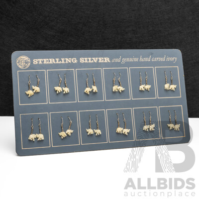 925 Sterling Silver & Hand Carved Ivory Earrings - Lot of 12 Pairs