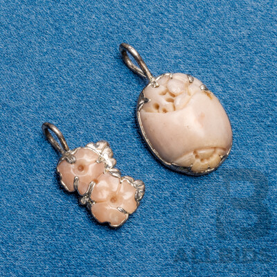 Pair of 925 Sterling Silver and Hand Carved Coral Pendants