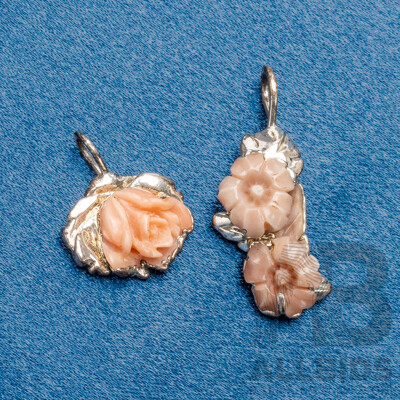 Pair of 925 Sterling Silver and Hand Carved Coral Pendants