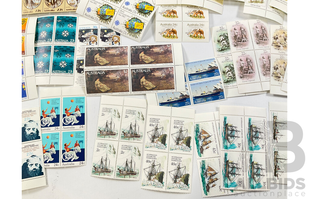 Collection of Australian Mint Stamp Blocks Including Predecimal, Sets,Vintage Fire Engines, Gold Rush, Butterflies, Fungi, Two Dollar Painting Series Block, 1980's Stamp Packs, Russian and International Albums