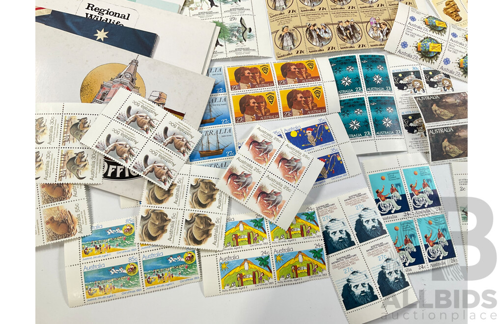 Collection of Australian Mint Stamp Blocks Including Predecimal, Sets,Vintage Fire Engines, Gold Rush, Butterflies, Fungi, Two Dollar Painting Series Block, 1980's Stamp Packs, Russian and International Albums