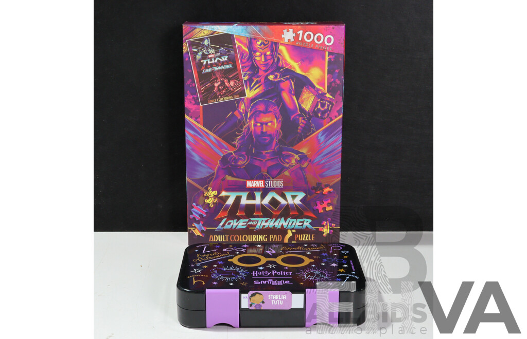 Marvel Studios Thor Love and Thunder Adult Colouring Pad and 1000 Piece Puzzle with Smiggle Harry Potter Stationary Box
