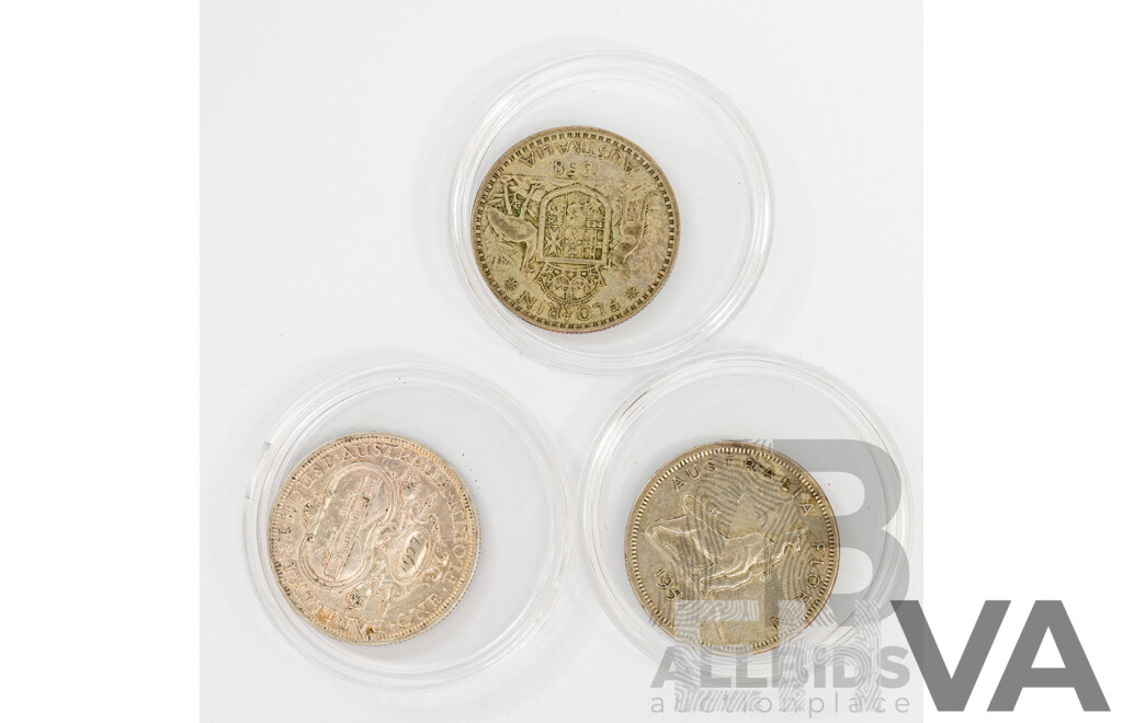 Three Australian Silver Florins, 1927 and 1954 Commemorative, 1958