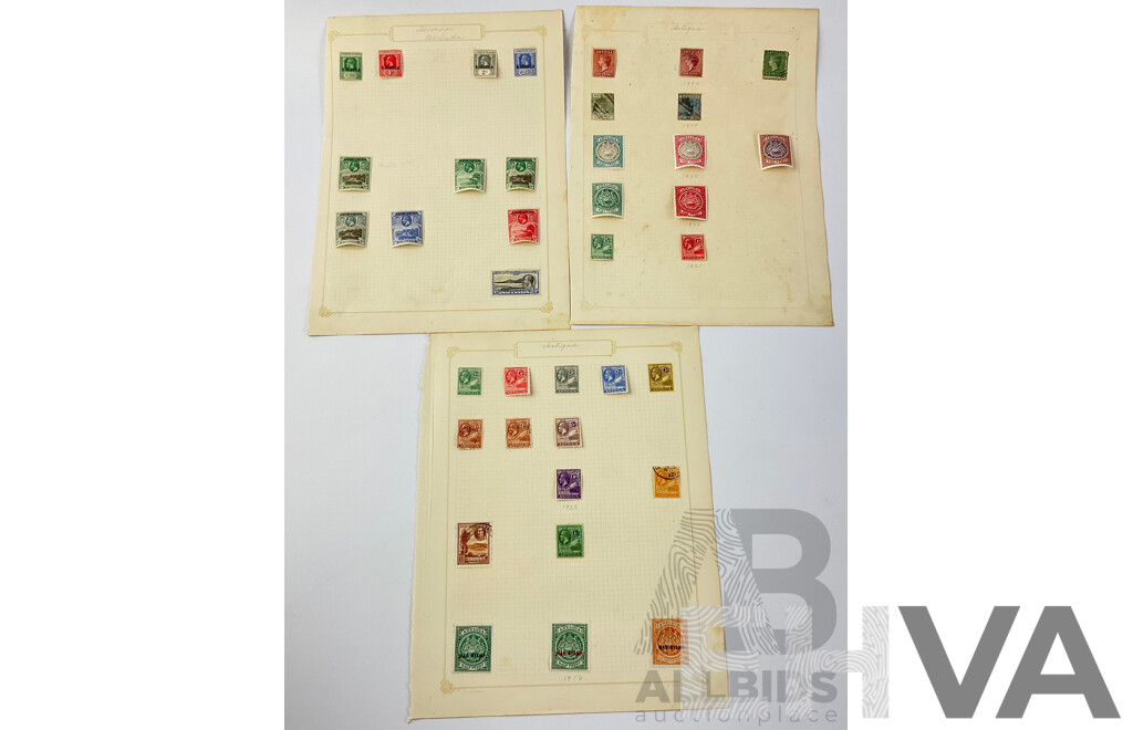 Collection of Antigua and Ascension Barbuda Antique Hinged Stamps Including QV, KGV and War Stamps