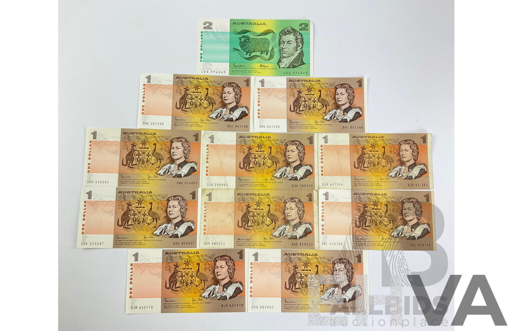 Australian 1970's and 80's One and Two Dollar Notes Including Knight/Stone, Johnston/Fraser, Johnston/Stone Consecutive DHC 057398-DHC 057399