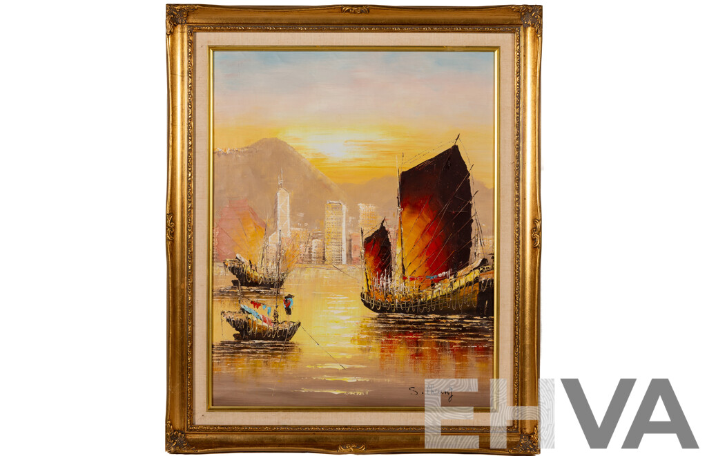 S.Cheung, (20th Century, Asian School), Junks at Sunrise, Vintage Oil on Canvas, 62 x 53 cm (frame)