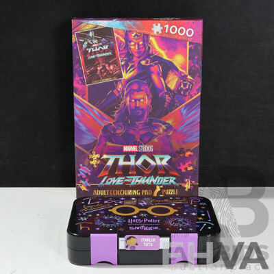 Marvel Studios Thor Love and Thunder Adult Colouring Pad and 1000 Piece Puzzle with Smiggle Harry Potter Stationary Box