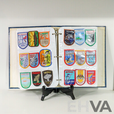 Album of Vintage Australian and International Embroidered Sew on Patches Including , Bathurst, Bowral, Eden, Forbes, Kempsey , Kiama, Taree, Nowra, PNG, Germany and More