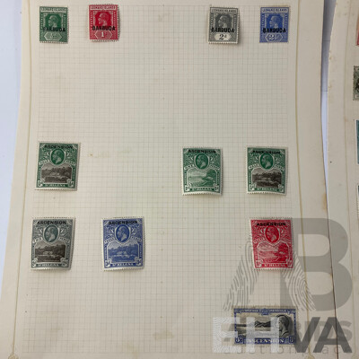 Collection of Antigua and Ascension Barbuda Antique Hinged Stamps Including QV, KGV and War Stamps