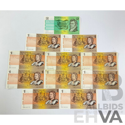Australian 1970's and 80's One and Two Dollar Notes Including Knight/Stone, Johnston/Fraser, Johnston/Stone Consecutive DHC 057398-DHC 057399