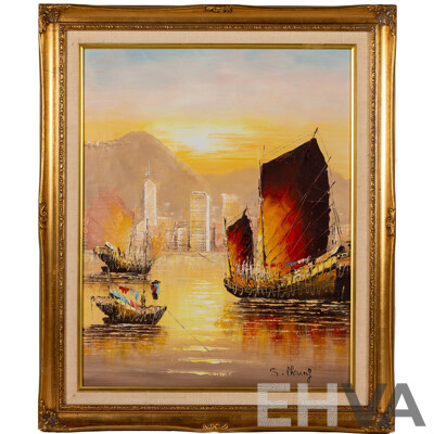 S.Cheung, (20th Century, Asian School), Junks at Sunrise, Vintage Oil on Canvas, 62 x 53 cm (frame)