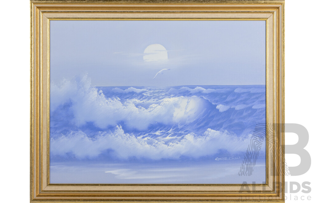 Gordon, (20th Century), Moon Over Waves, Nice Original Oil on Canvas Board, 55 x 69 cm (frame)