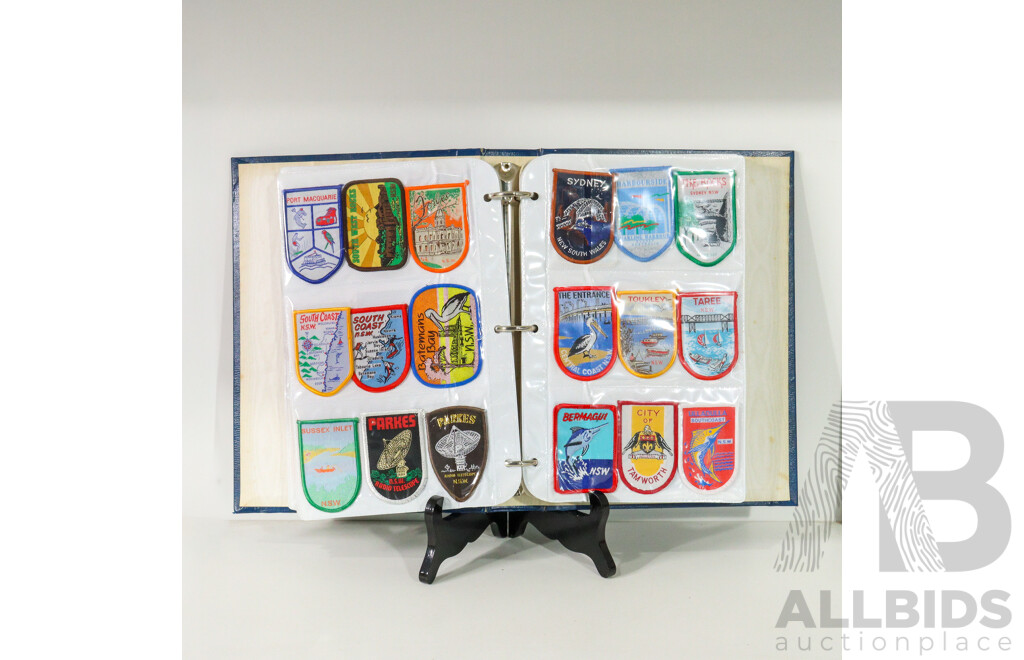 Album of Vintage Australian and International Embroidered Sew on Patches Including , Bathurst, Bowral, Eden, Forbes, Kempsey , Kiama, Taree, Nowra, PNG, Germany and More