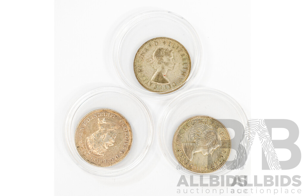 Three Australian Silver Florins, 1927 and 1954 Commemorative, 1958