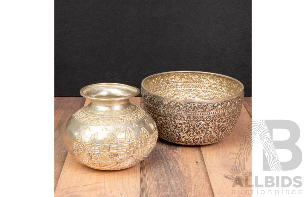 Cambodian Pressed Bud Vase with Burmese Silver Plate Offering Bowl