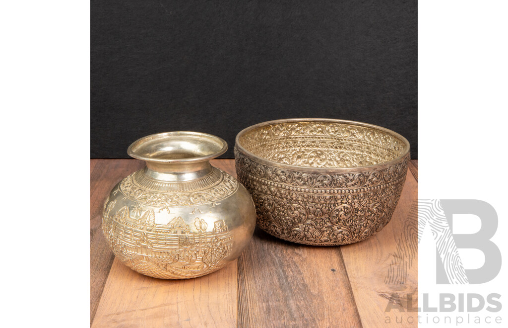 Cambodian Pressed Bud Vase with Burmese Silver Plate Offering Bowl