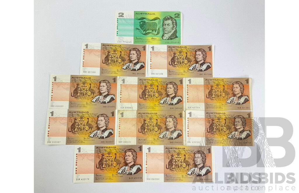 Australian 1970's and 80's One and Two Dollar Notes Including Knight/Stone, Johnston/Fraser, Johnston/Stone Consecutive DHC 057398-DHC 057399