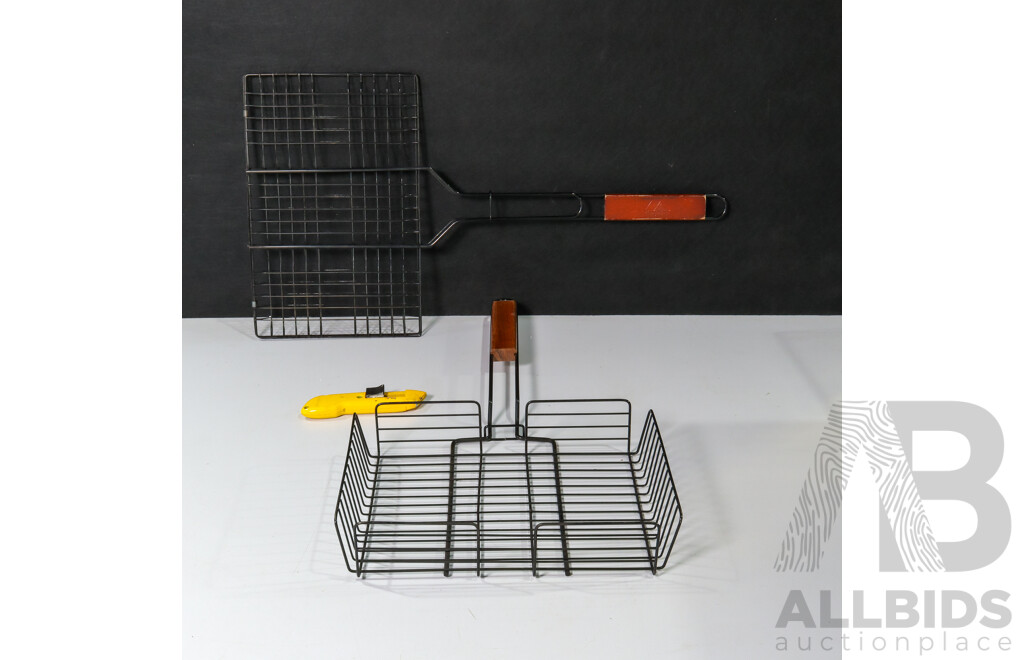 Camping Supplies Including Campfire Grill Baskets and Retractable Knife