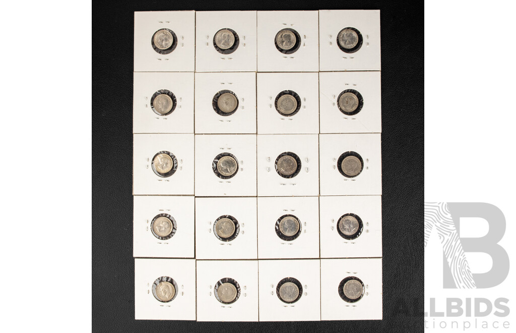 Twenty Australian KGVI/QE2 Silver Threepence Including 1947, 1948, 1949, 1950, 1951(2) 1952, 1953, 1954, 1955, 1956, 1957, 1958, 1959, 1961(2) 1963(4)