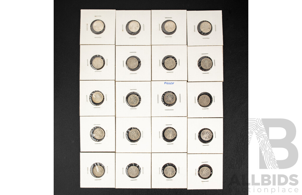 Twenty Australian KGVI/QE2 Silver Threepence Including 1947, 1948, 1949, 1950, 1951(2) 1952, 1953, 1954, 1955, 1956, 1957, 1958, 1959, 1961(2) 1963(4)