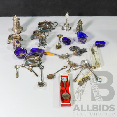 Collection of Silver Dining Ware Including Spoons, Salt and Pepper Shakers, Salt Cellar and More