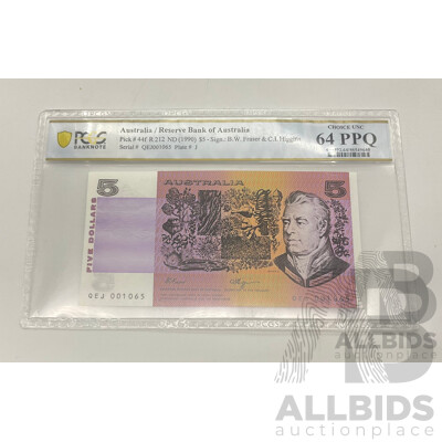 1990 R212 Choice UNC Fraser Higgins $5 Note QEJ 001065.